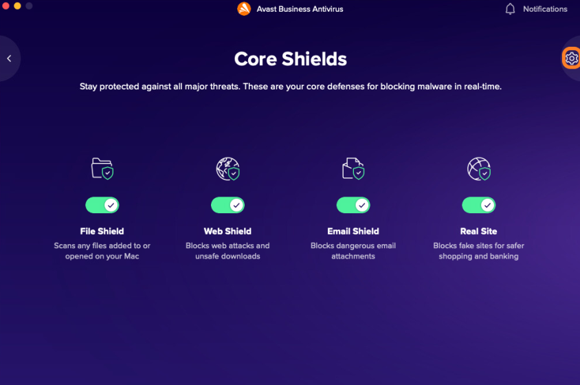 Avast Premium Security Mac Interface Dashboard showing Status, Scans, and Core Shields