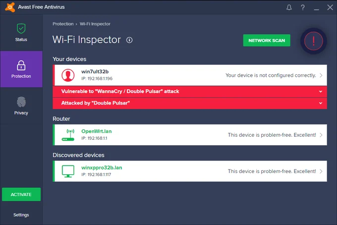 Avast Security & Privacy iOS App Interface Dashboard showing Wi-Fi Inspector, Hack Alerts, and Photo Vault