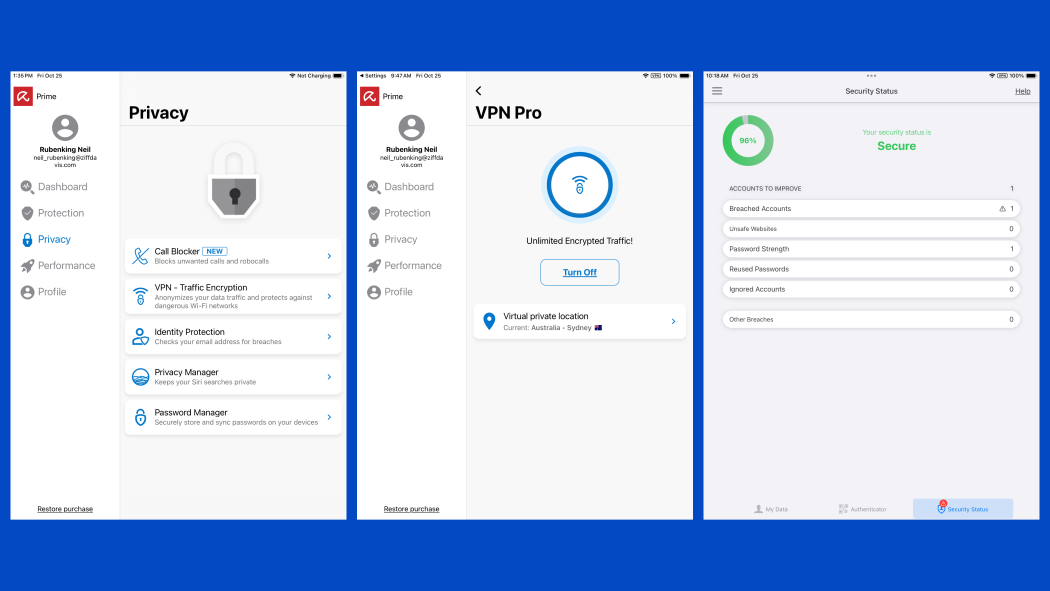Avira Mobile Security iOS App Interface Dashboard showing VPN, Identity Safeguard, and Web Protection