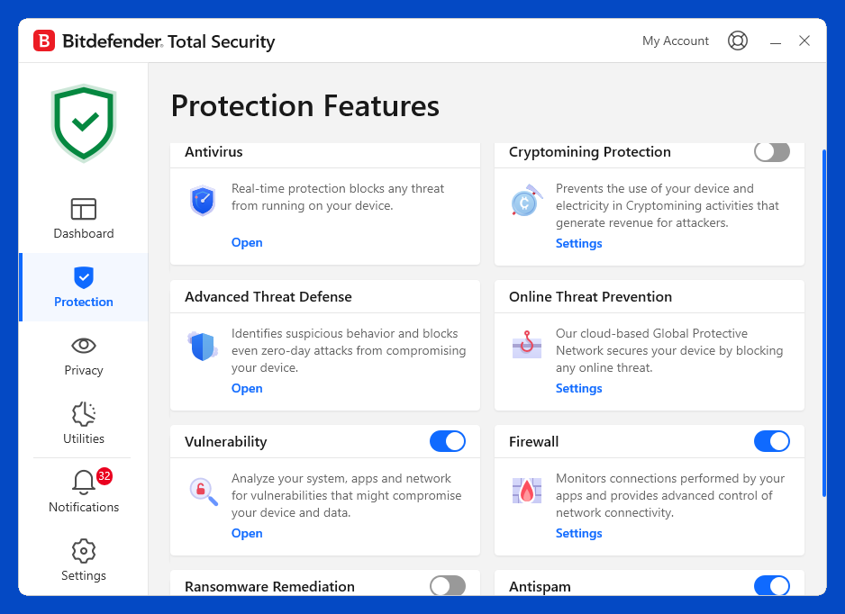 Bitdefender Mobile Security iOS App Interface Dashboard showing Web Protection status and Account Privacy tool