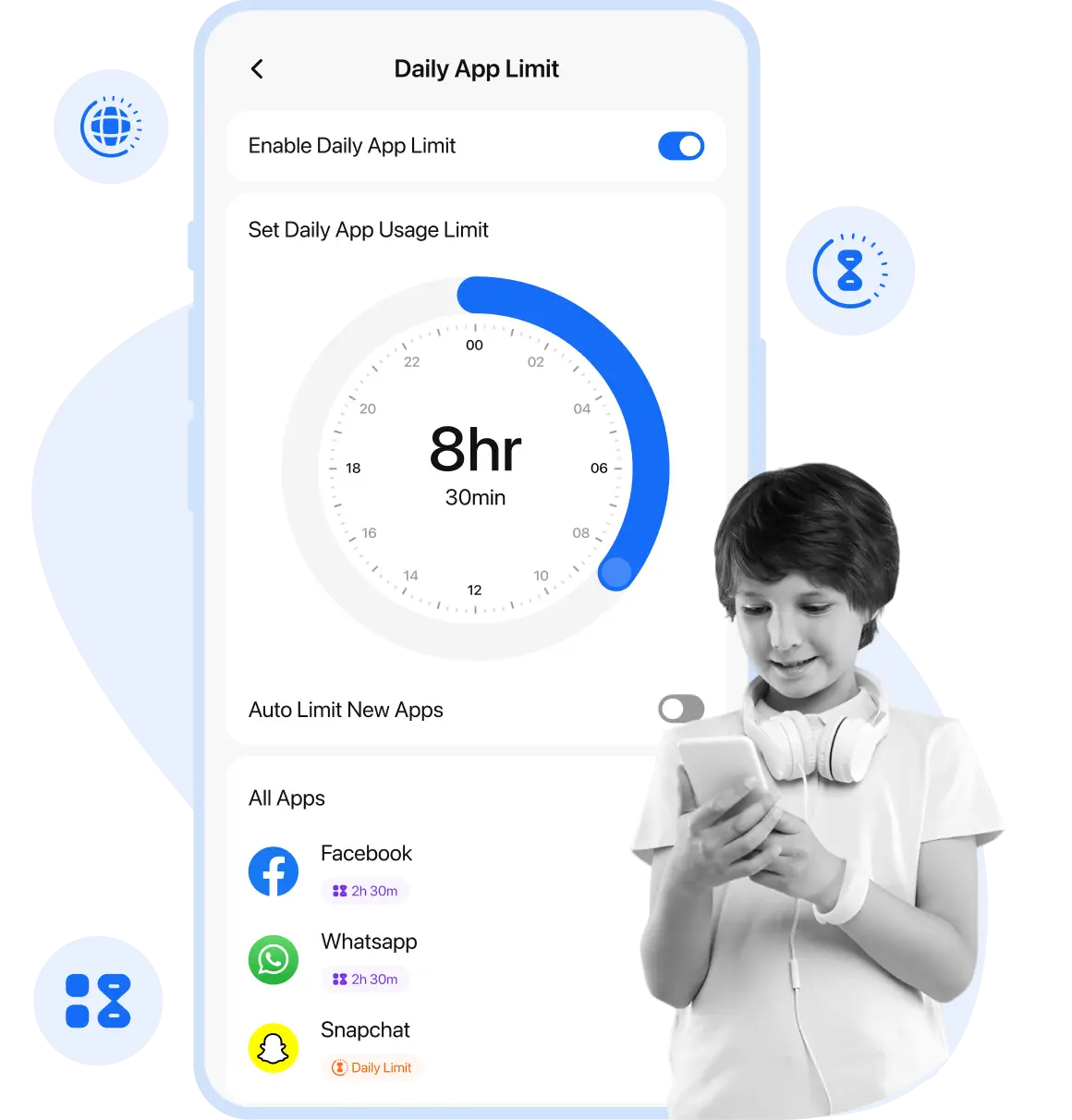 Circle Parental Control App Interface showing Time Limits and Pause Button