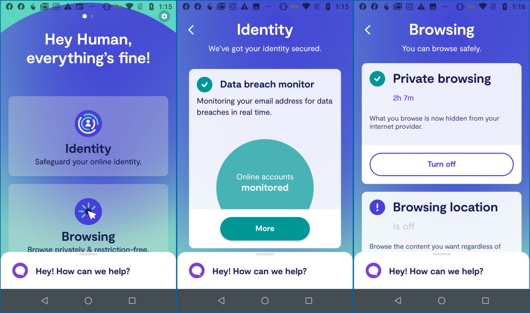 Clario Anti Spy iOS App Interface Dashboard showing VPN status, Identity Protection, and the 24/7 Human Help button