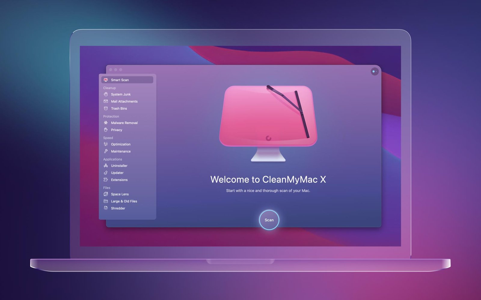 CleanMyMac X Mac Interface showing Smart Scan, Cleanup, Protection, and Speed modules