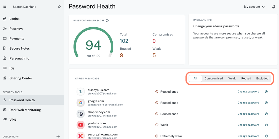 Dashlane Interface showing the integrated VPN and Dark Web Monitoring