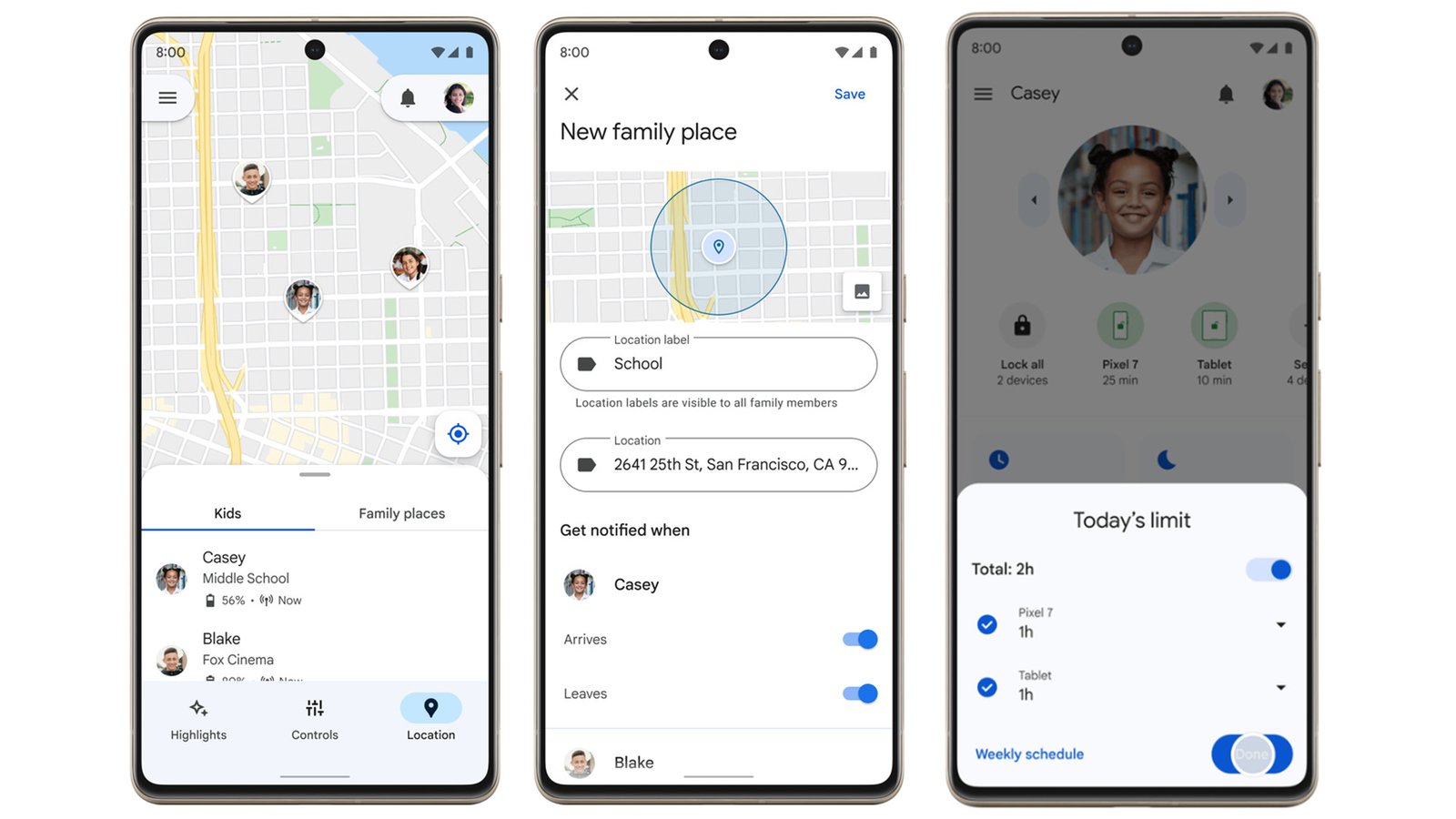 Google Family Link Dashboard showing Screen Time Graphs and Location Map