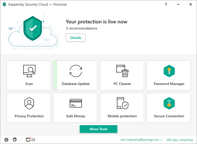 Kaspersky Security Cloud iOS App Interface Dashboard showing VPN, Account Check, and Security LIVE features