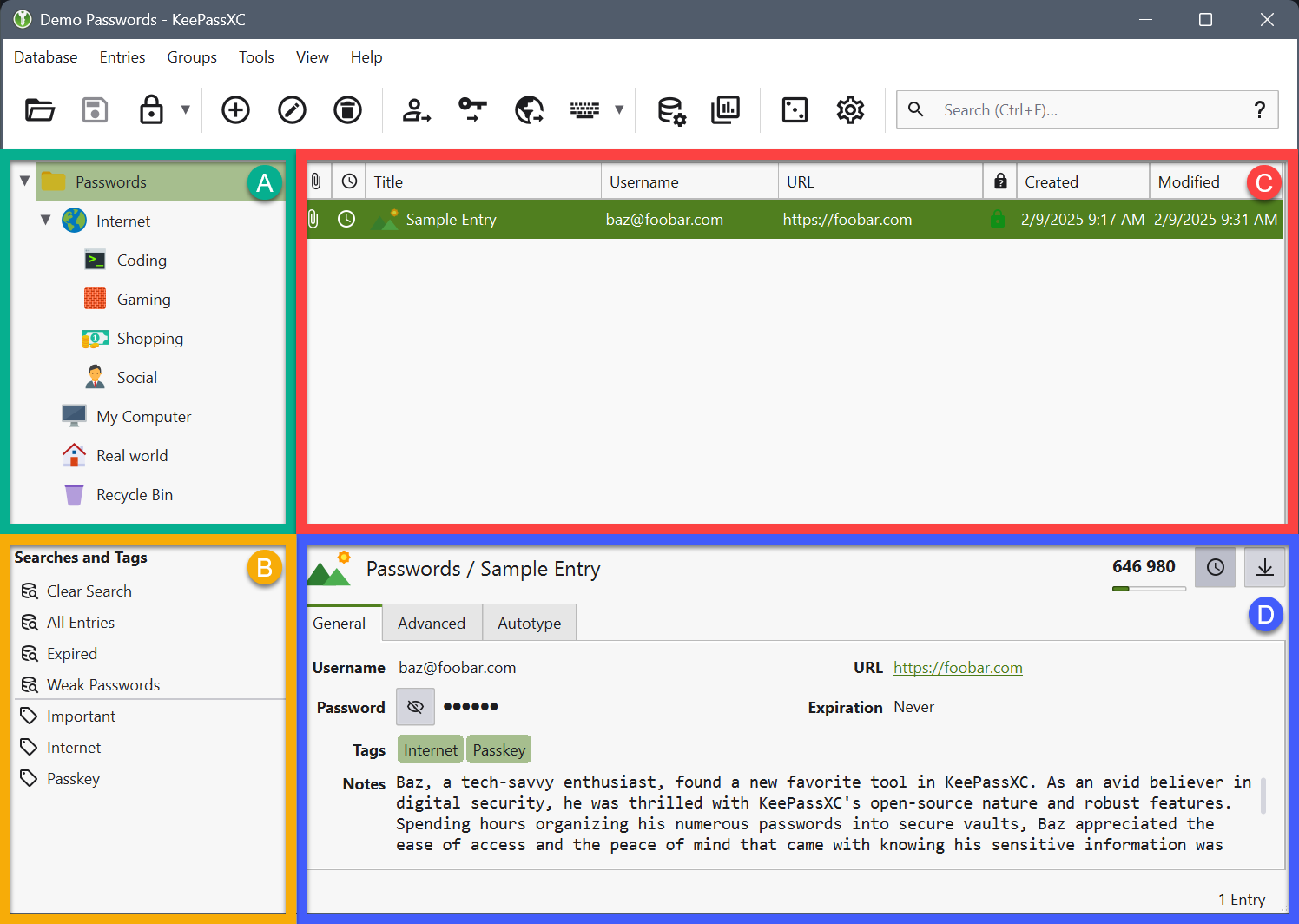 KeePassXC Interface showing encrypted entry groups and SSH agent