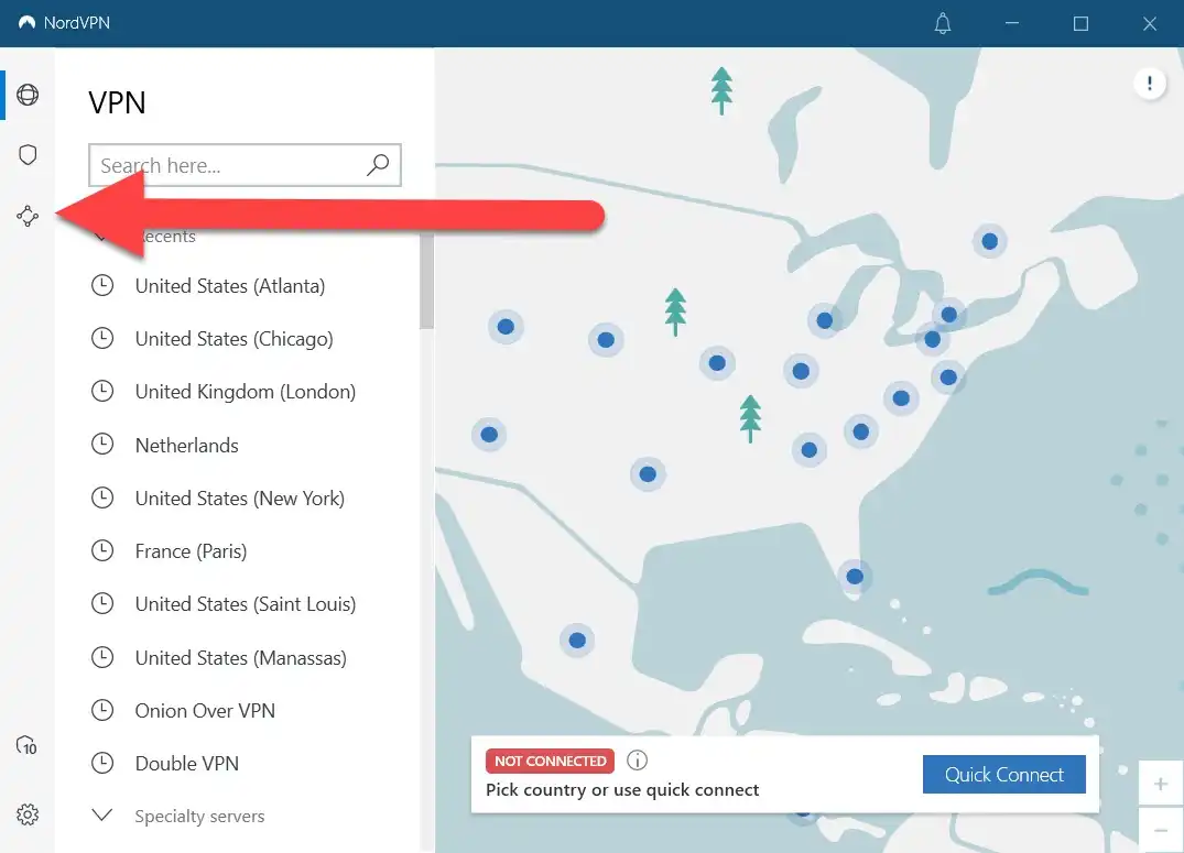 NordVPN User Interface showing Map and Meshnet