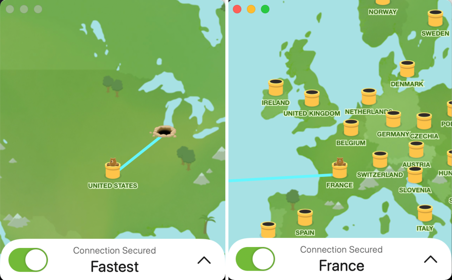 TunnelBear User Interface showing the Map and Bear Animation