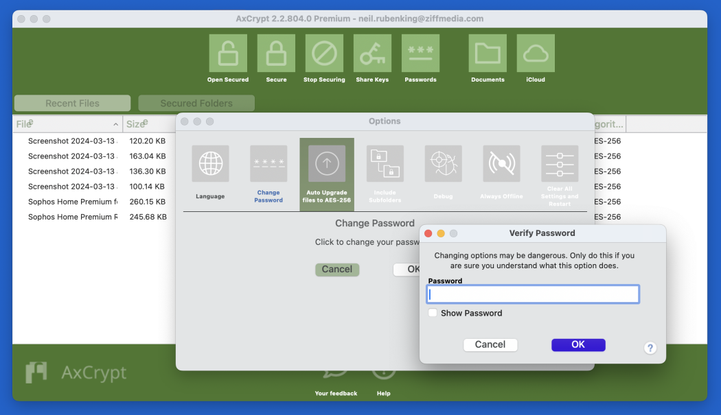 AxCrypt Desktop App showing file encryption status and cloud folders