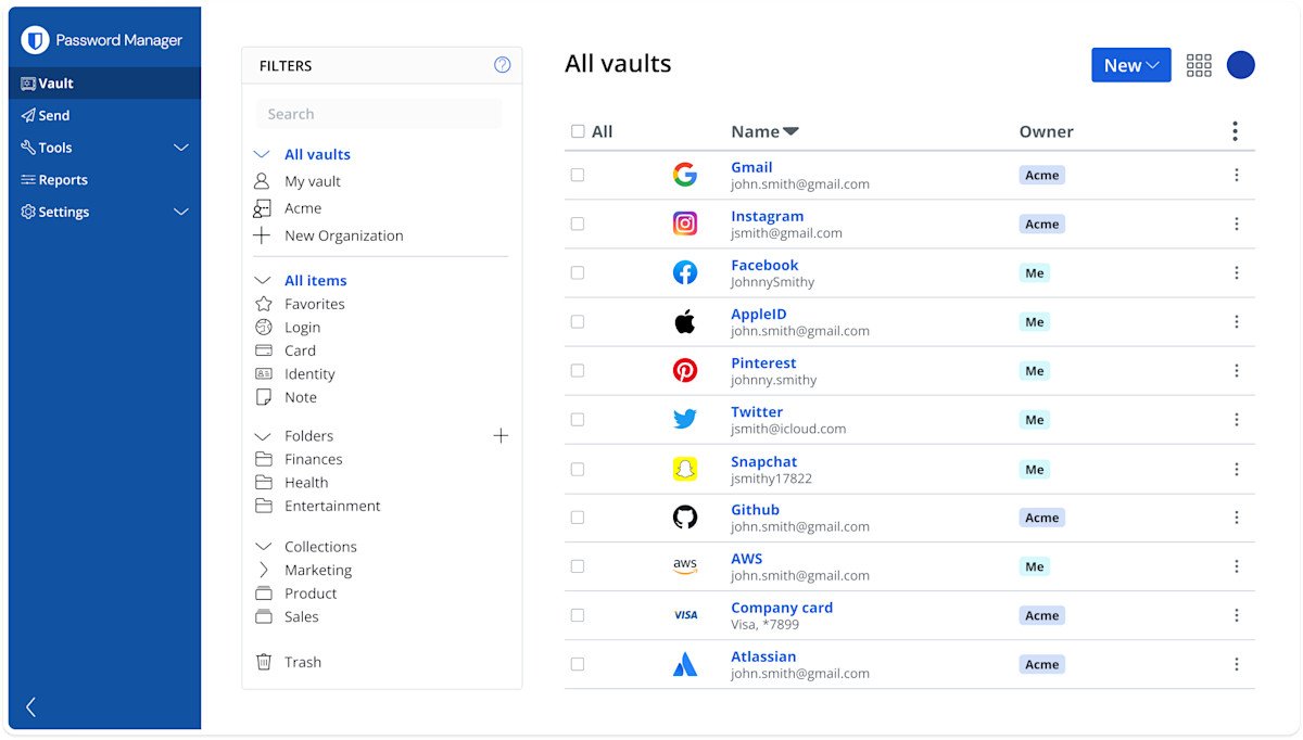 Bitwarden User Interface showing Vault Items and Categories