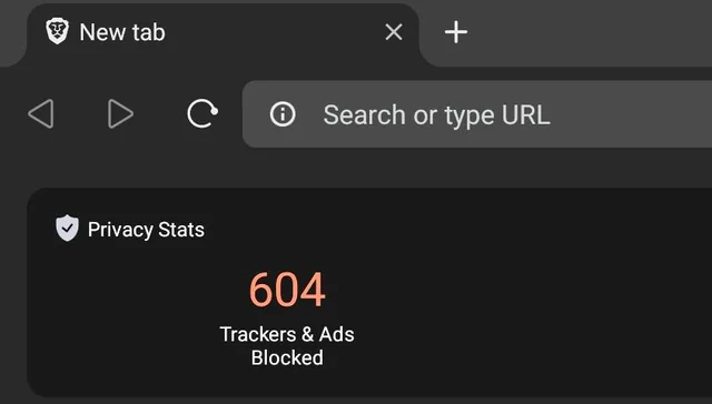 Brave Browser interface showing blocked trackers and saved time stats