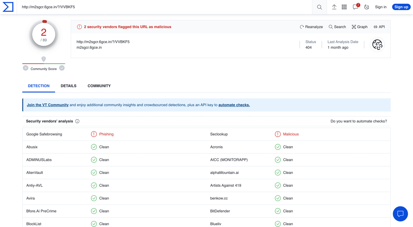 VirusTotal Analysis Dashboard showing multi-engine detection results