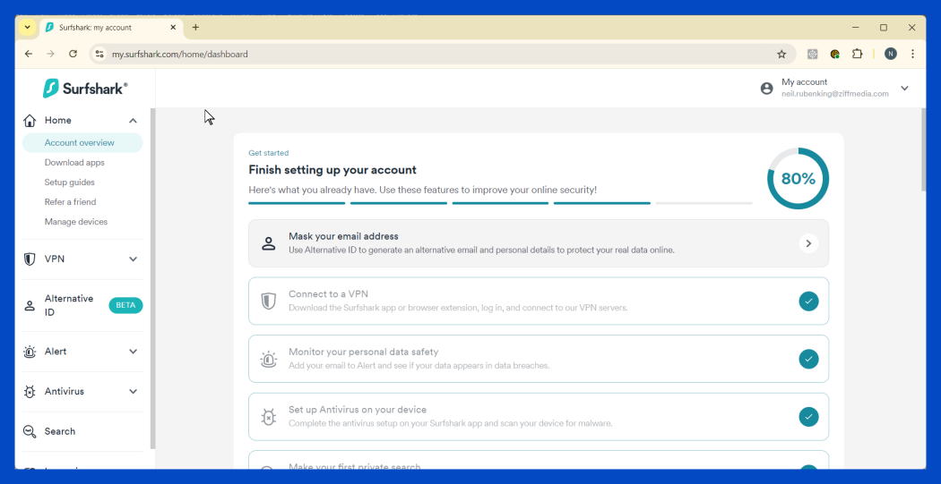 Surfshark One iOS App Interface Dashboard showing VPN status, CleanWeb, and Alert features
